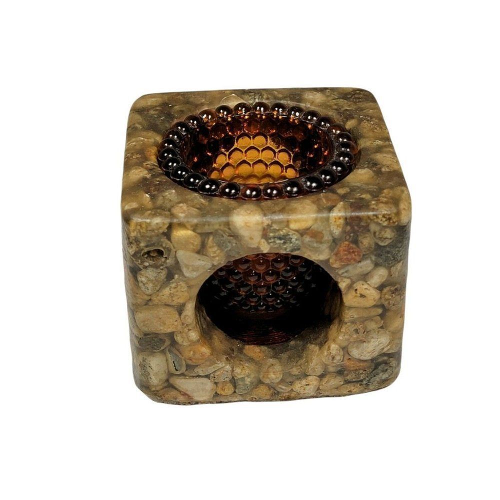 VTG Candle Holder Stone Mill Designs  Square Pristine Pebble Amber Glass Insert
